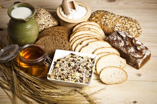 Still-life assortment of baked bread.