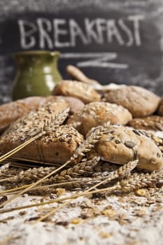 Still-life assortment of baked bread.