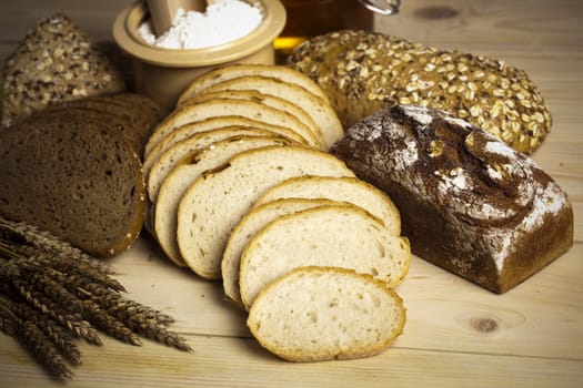 Still-life assortment of baked bread.