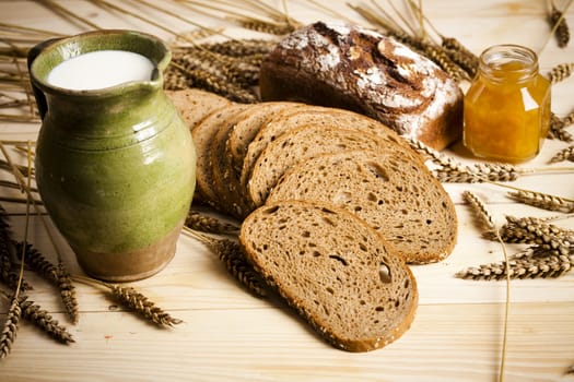 Still-life assortment of baked bread.