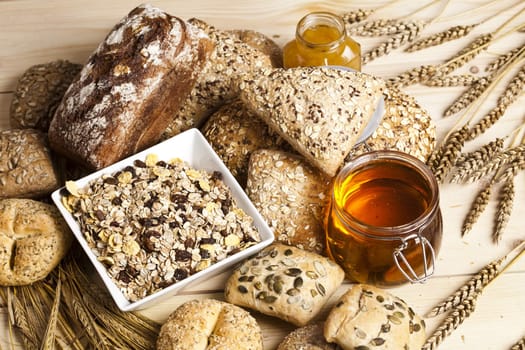 Still-life assortment of baked bread.