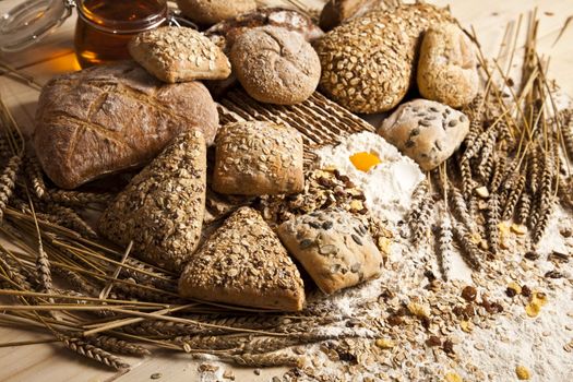 Still-life assortment of baked bread.
