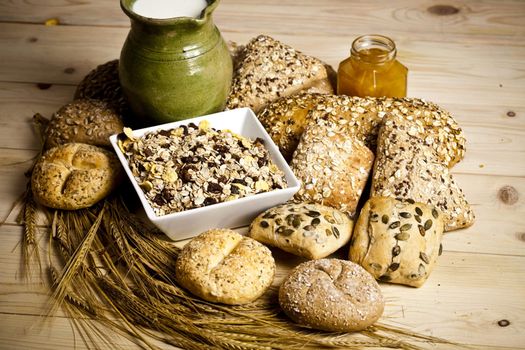 Still-life assortment of baked bread.
