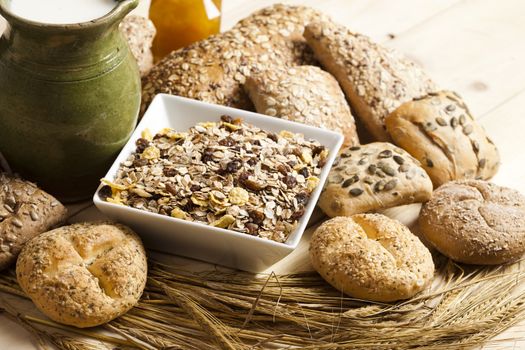 Still-life assortment of baked bread.