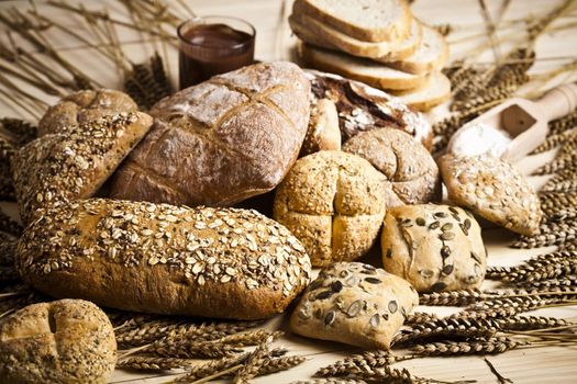 Still-life assortment of baked bread.