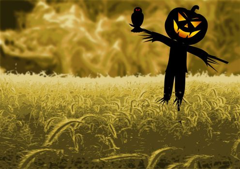 Illustration of a scare crow in a field with violent clouds in the background.