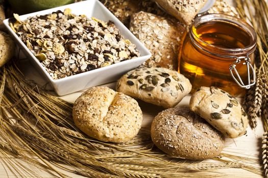 Still-life assortment of baked bread.