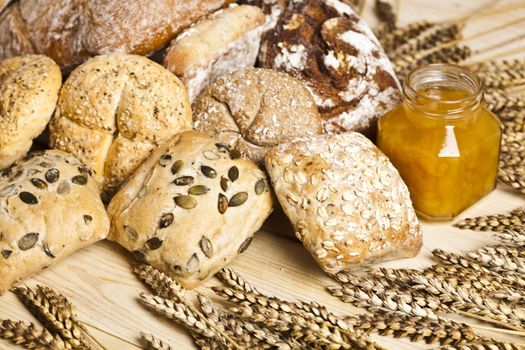 Still-life assortment of baked bread.