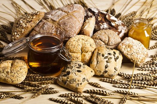 Still-life assortment of baked bread.
