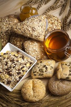 Still-life assortment of baked bread.