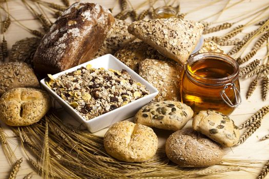 Still-life assortment of baked bread.