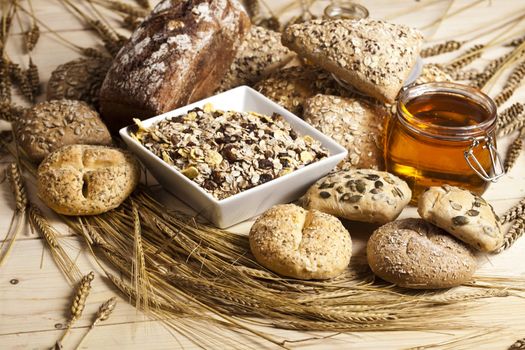 Still-life assortment of baked bread.