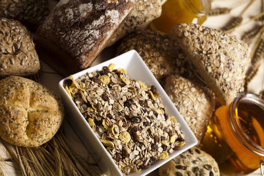 Still-life assortment of baked bread.