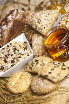 Still-life assortment of baked bread.