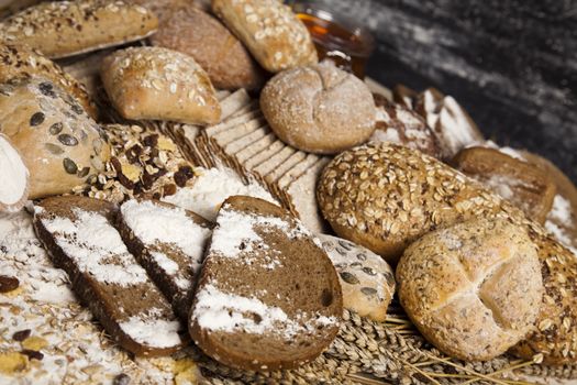 Still-life assortment of baked bread.