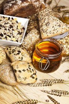 Still-life assortment of baked bread.