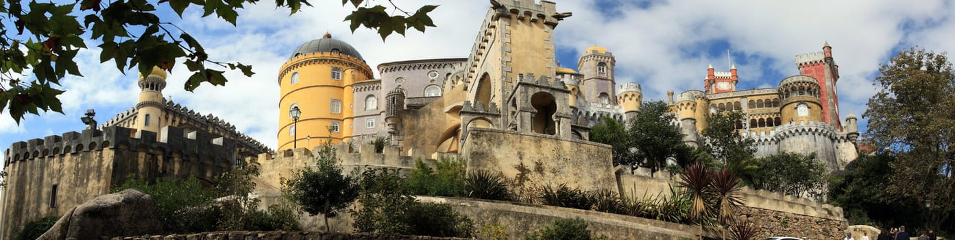 Partial view of the beautiful Pena Palace located on the Sintra National Park on Lisbon, Portugal.