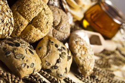 Still-life assortment of baked bread.