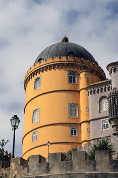 Partial view of the beautiful Pena Palace located on the Sintra National Park on Lisbon, Portugal.