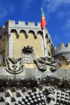 Partial view of the beautiful Pena Palace located on the Sintra National Park on Lisbon, Portugal.