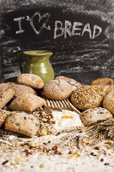 Still-life assortment of baked bread.