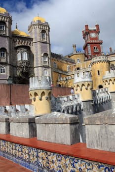 Partial view of the beautiful Pena Palace located on the Sintra National Park on Lisbon, Portugal.