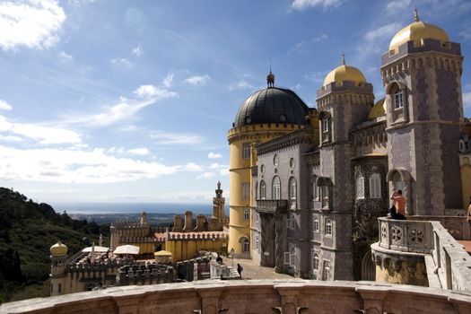 Partial view of the beautiful Pena Palace located on the Sintra National Park on Lisbon, Portugal.