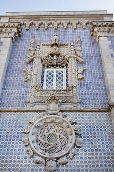 Detail view of a window of Manueline style of the Pena National Palace, located on Sintra, Portugal.