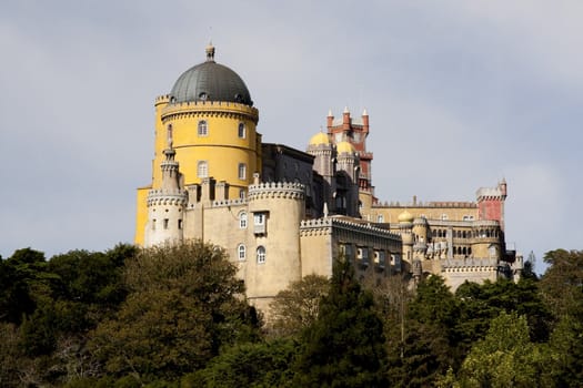 Beautiful view of the Pena Palace located in Sintra National Park on Lisbon, Portugal.