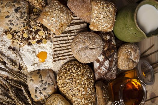 Still-life assortment of baked bread.