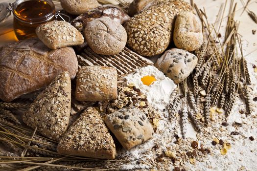 Still-life assortment of baked bread.