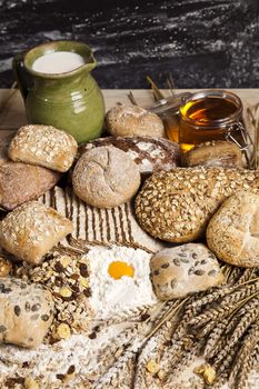 Still-life assortment of baked bread.