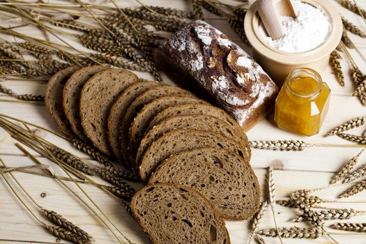 Still-life assortment of baked bread.
