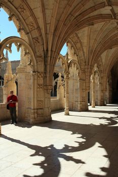 Interior view of the landmark Monastery of Jeronimos in Lisbon, Portugal.