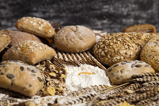 Still-life assortment of baked bread.