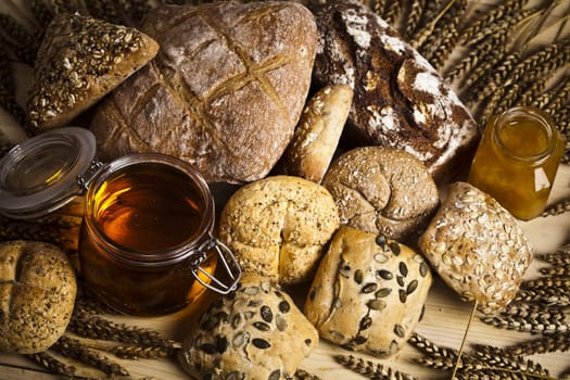 Still-life assortment of baked bread.