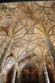 Interior view of the landmark Monastery of Jeronimos in Lisbon, Portugal.