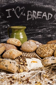 Still-life assortment of baked bread.