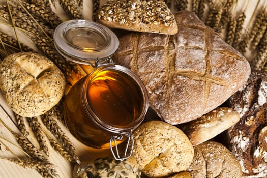 Still-life assortment of baked bread.