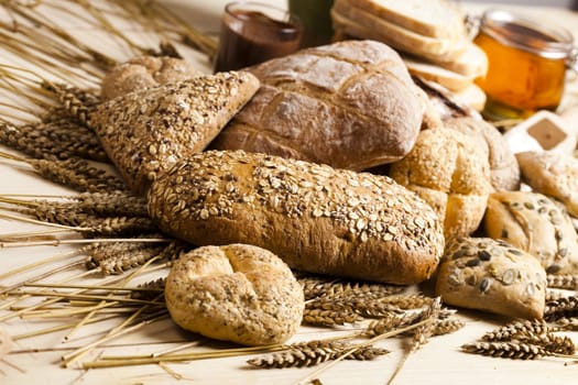 Still-life assortment of baked bread.