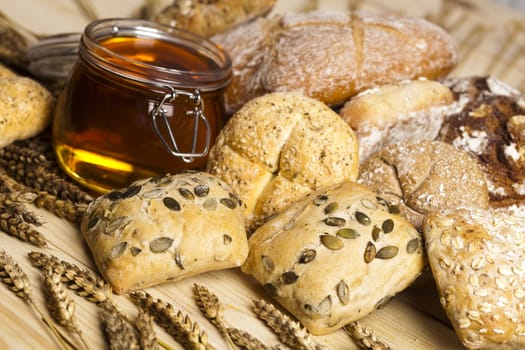 Still-life assortment of baked bread.