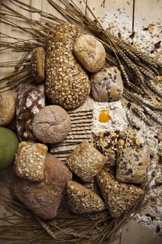 Still-life assortment of baked bread.