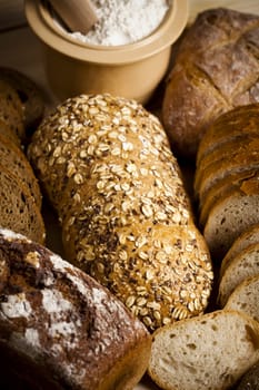 Still-life assortment of baked bread.