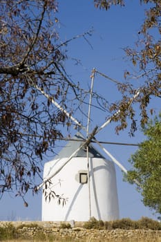 View of a typical portuguese windmill on top of the hill.