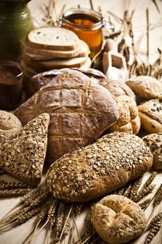 Still-life assortment of baked bread.