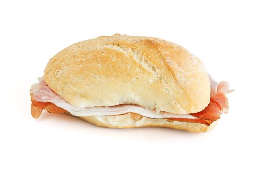 loaf of bread with jam and speck isolated on white background