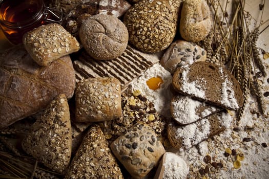 Still-life assortment of baked bread.