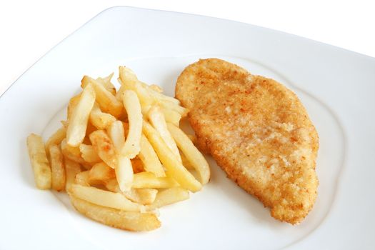 plate with fried chicken and potatoes isolated on white background with clipping path