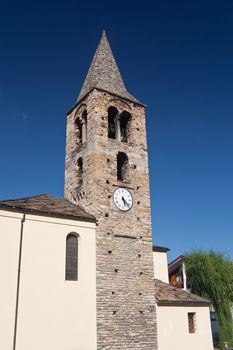church with roman tower in Pre Saint Didier, Aosta Valley, Italy
