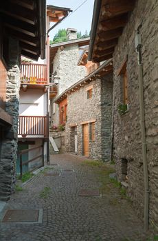 ancient stone homes and steet in La Thuile, Aosta Valley, Italy